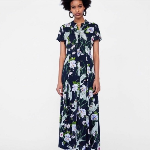 NWOT Zara Oriental Crane Floral Print Button-down Maxi Dress | Size Small - Picture 5 of 7